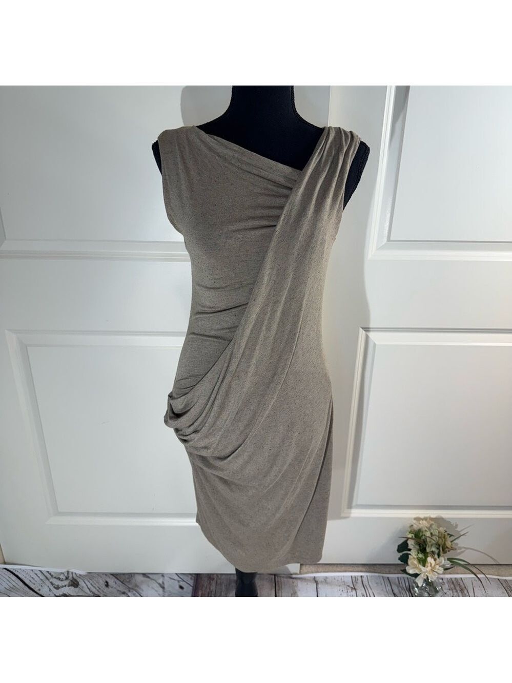 Max Studio Elegant Draped Taupe Stretch Dress Small